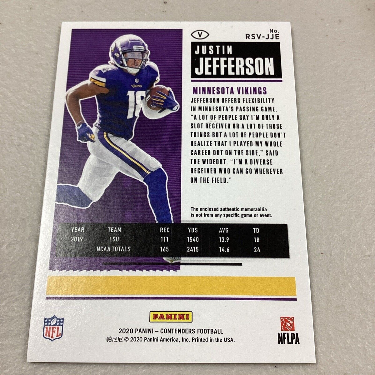 2020 Contenders Rookie Ticket Patch Variation Justin Jefferson