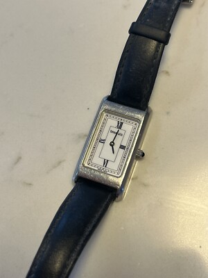 Vintage 1996 Tiffany & Co Black Leather Watch Rectangular Roman