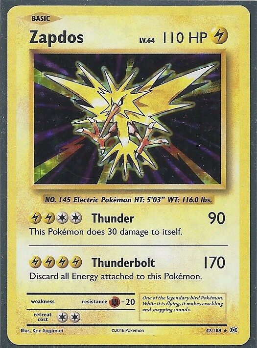 2016 ZAPDOS 42/108 -XY EVOLUTIONS Pokemon Card- RARE- HOLO- MINT