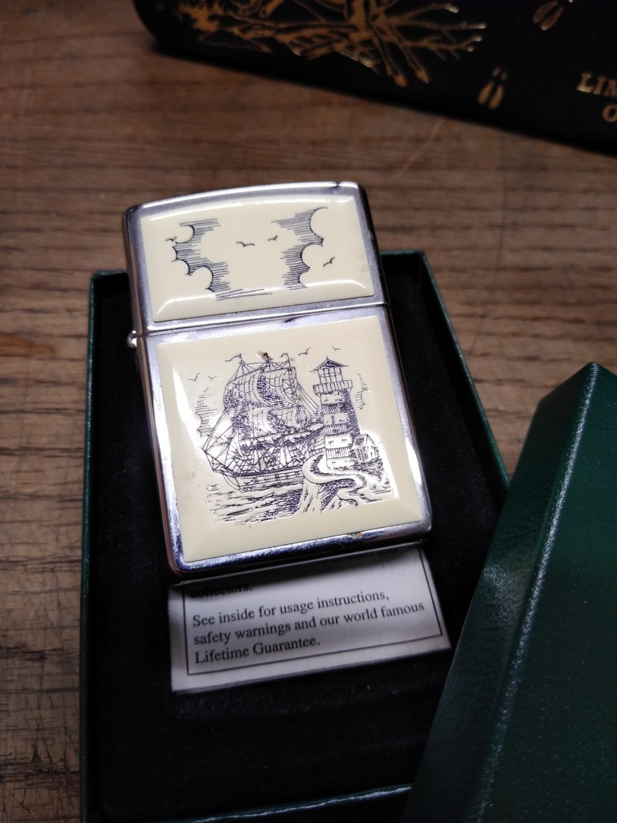 Vtg 1998 Zippo Lighter Scrimshaw Sailing Ship and Lighthouse 2