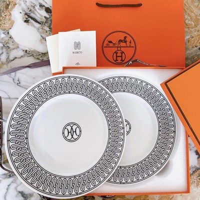 Hermes H Deco Dessert Plate White Tableware Dish 2 set Dinner Auth
