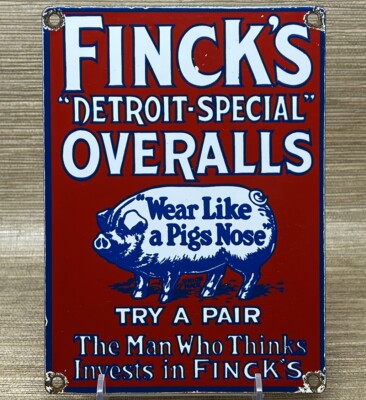 VINTAGE FINCK'S OVERALLS PORCELAIN SIGN PIG FARM FINKS LEVIS LEE