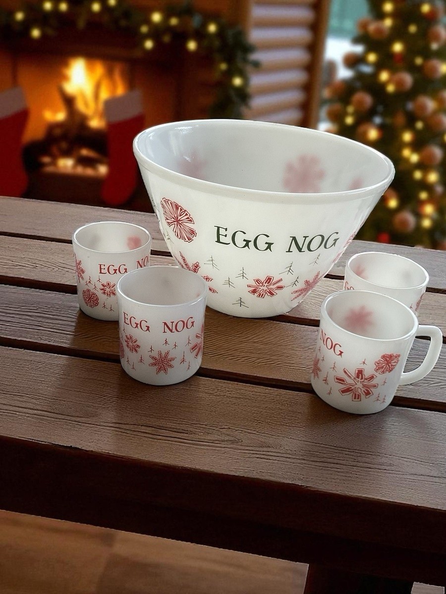 Vintage Fire King Egg Nog 5 Piece Set Milk Glass Snowflake Punch