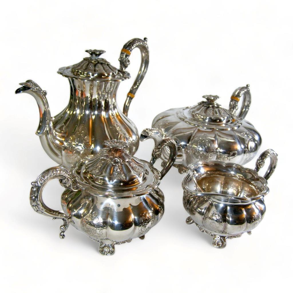 Barker Ellis England Silver Plate Tea Coffee Set Melon Shaped w