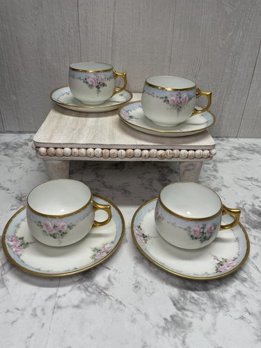 Rosenthal Selb Bavaria Cup and Saucer Set of 4 Rose Pink Blue Gold