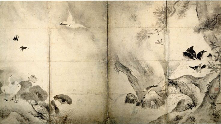 四季花鳥図屏風」 能阿弥 応仁3年（1469） 四曲一双 重要文化財