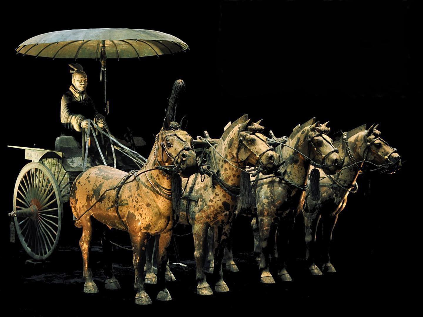 中国、西安、兵馬俑の青銅製の戦車、御者と馬、紀元前210～209年 [1440