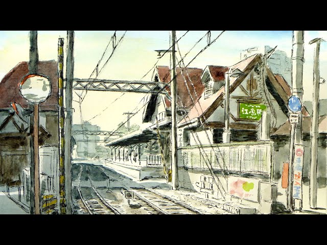 江ノ島駅 朝の風景 【透明水彩風景画】 Enoshima station 【Watercolor
