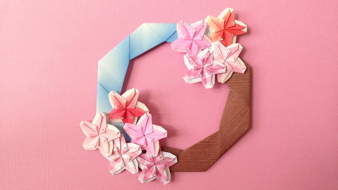 折り紙 桜の花 リース 折り方4 Origami Flower Cherry blossoms wreath