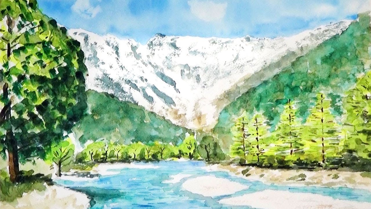 信州の山々と梓川 (透明水彩風景画) 【Watercolor】 - YouTube