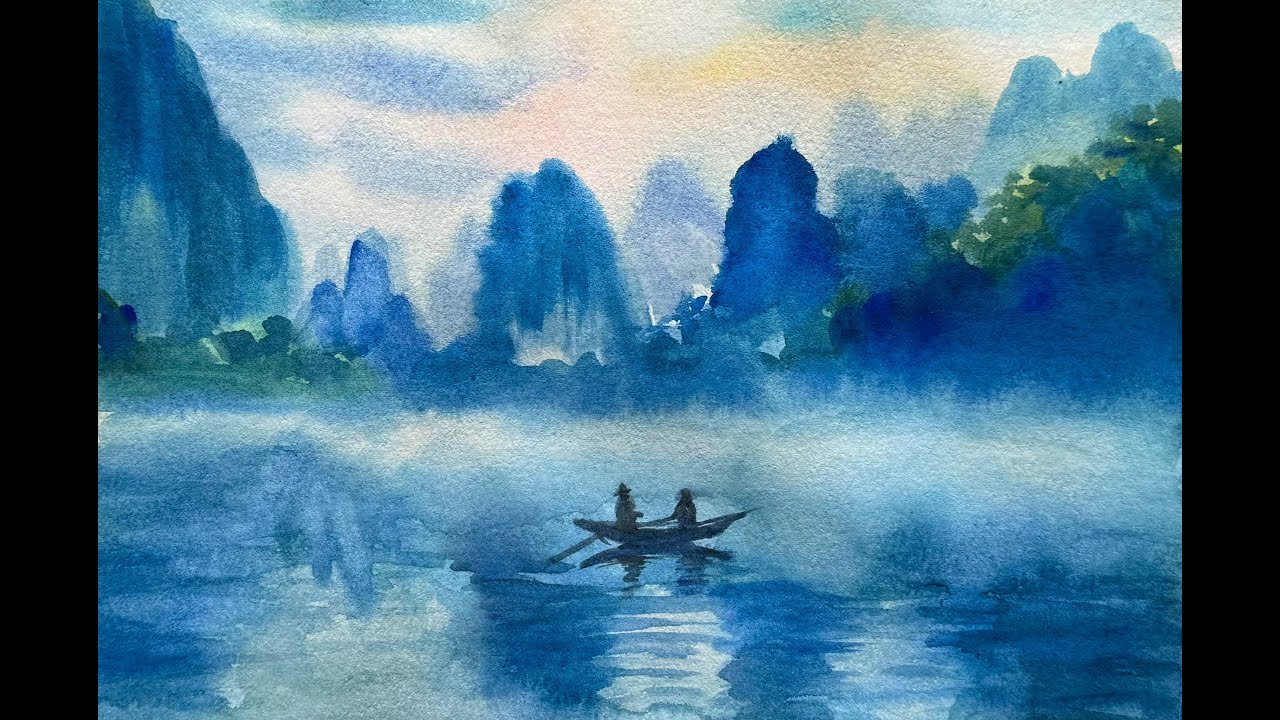 N594 水彩桂林风景Watercolor Guilin Landscape 수채화풍경- YouTube