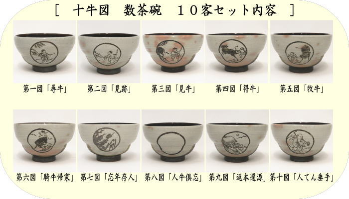 茶器/茶道具 抹茶茶碗】 数茶碗 唐津焼き 掛分 十牛の図 10客セット