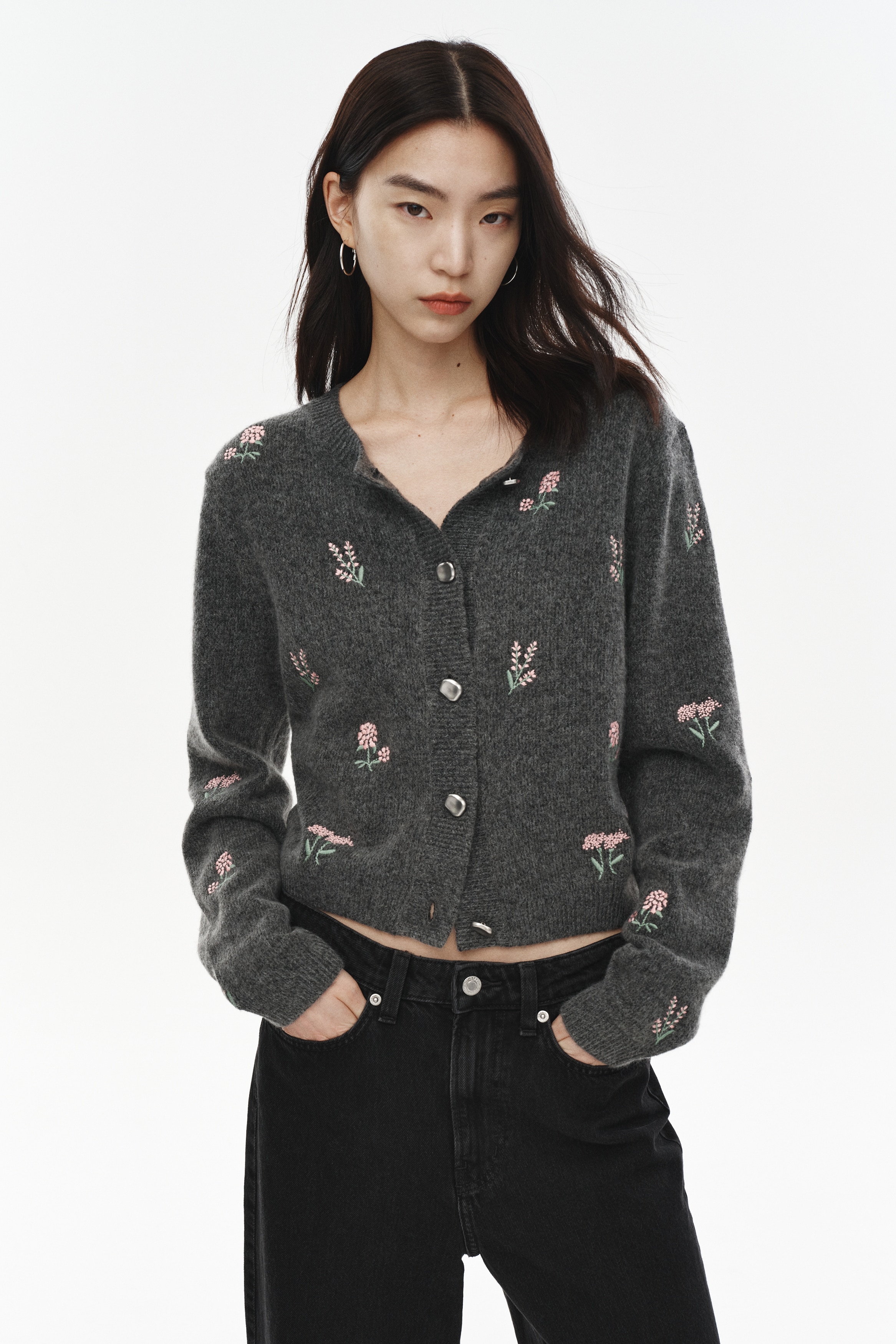刺繍カーディガン - Dark grey marl/Flowers - レディース | H&M JP