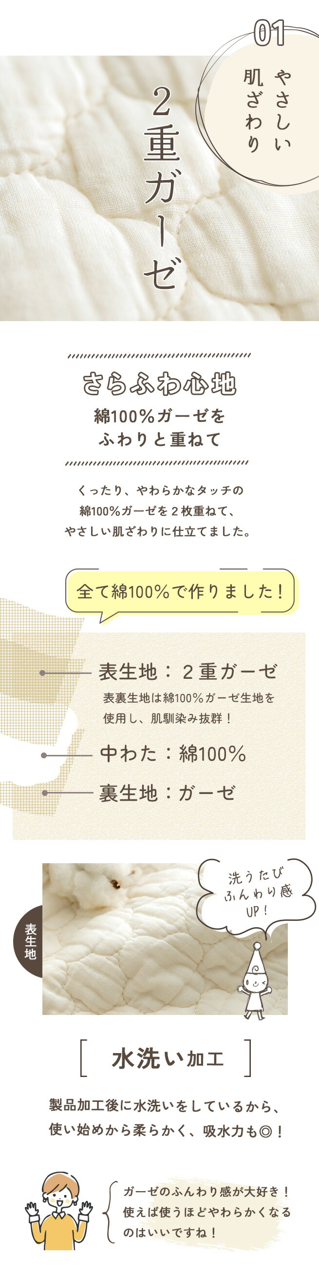 ふわふわの柔らかさ 2重ガーゼでやさしい肌ざわりの敷きパッド 中綿も