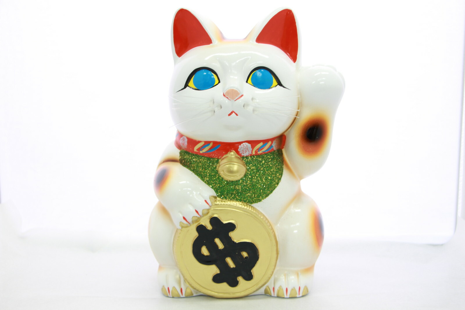 8号招き猫ドル猫白左手(座布団付)|パーティグッズやクラッカー、こけし