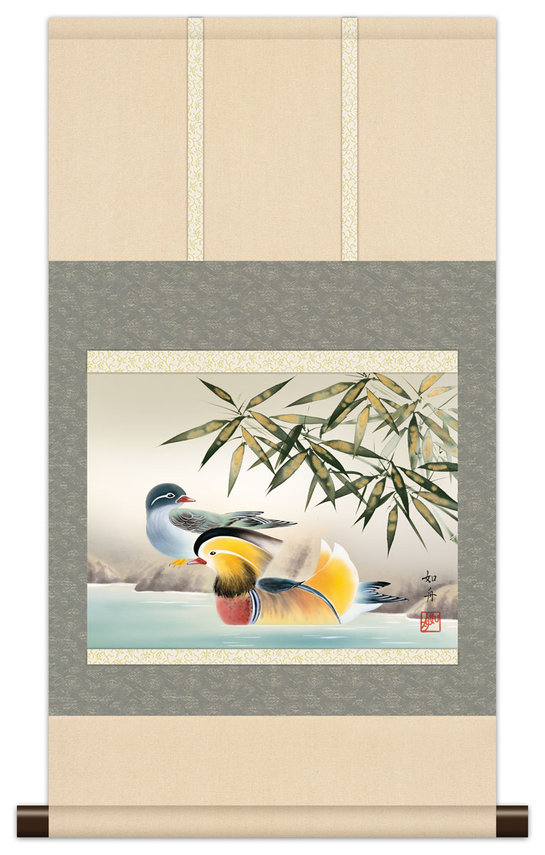真作】掛軸 南天に鳥図 墨彩花鳥画 冬の彩り 花鳥逸品 共箱入 T103 真