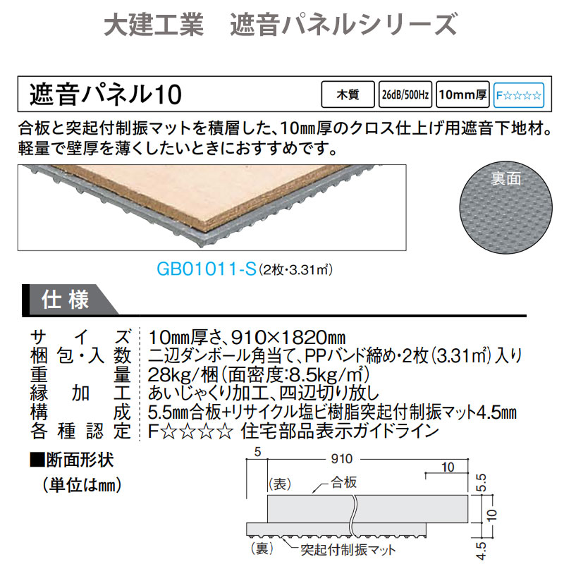 楽天市場】大建工業 遮音パネル10 GB01011-S｜910×1820mm 2枚入（3.31