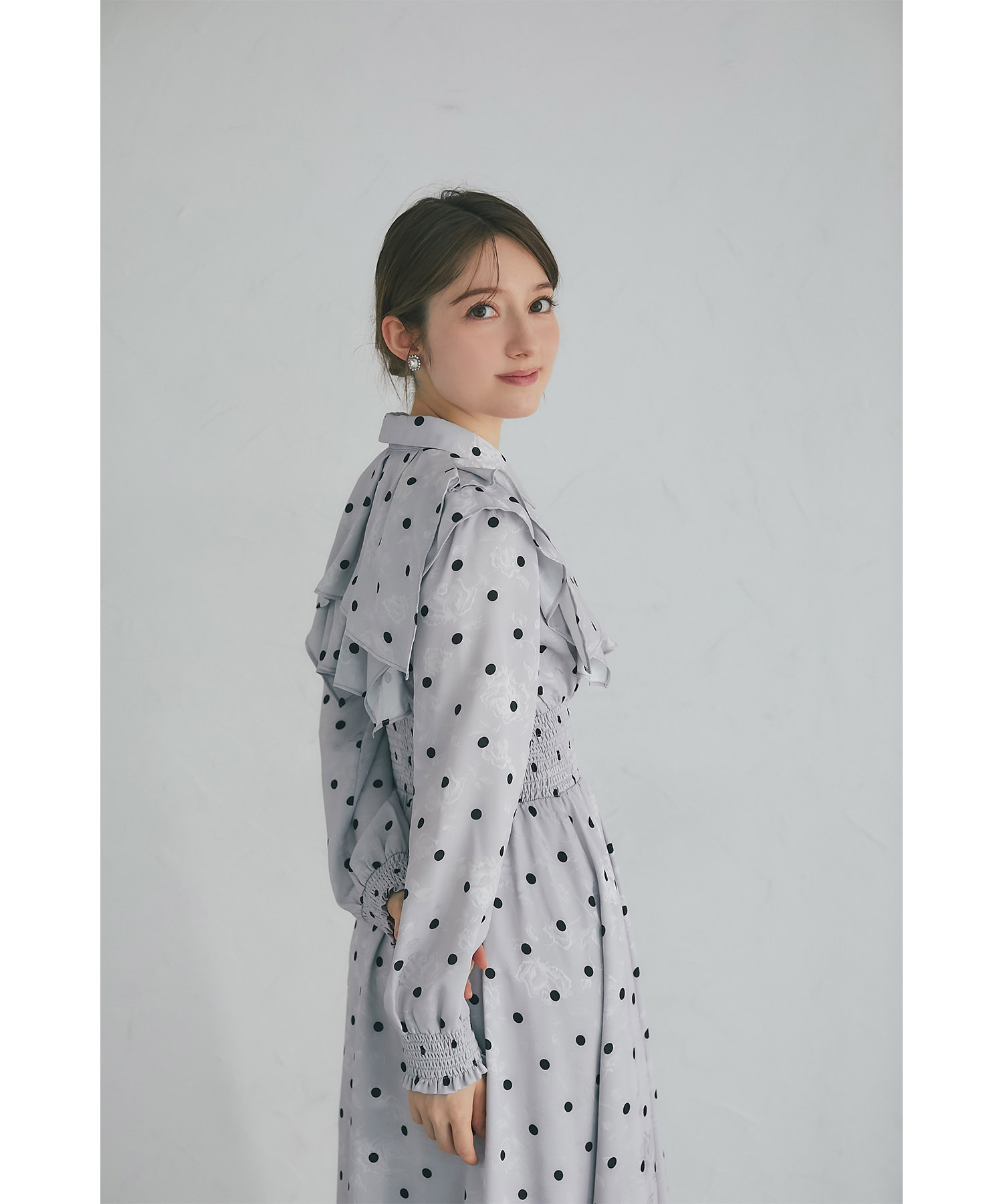 フラワージャガード×ドットヨークフリルシャーリングシャツワンピース
