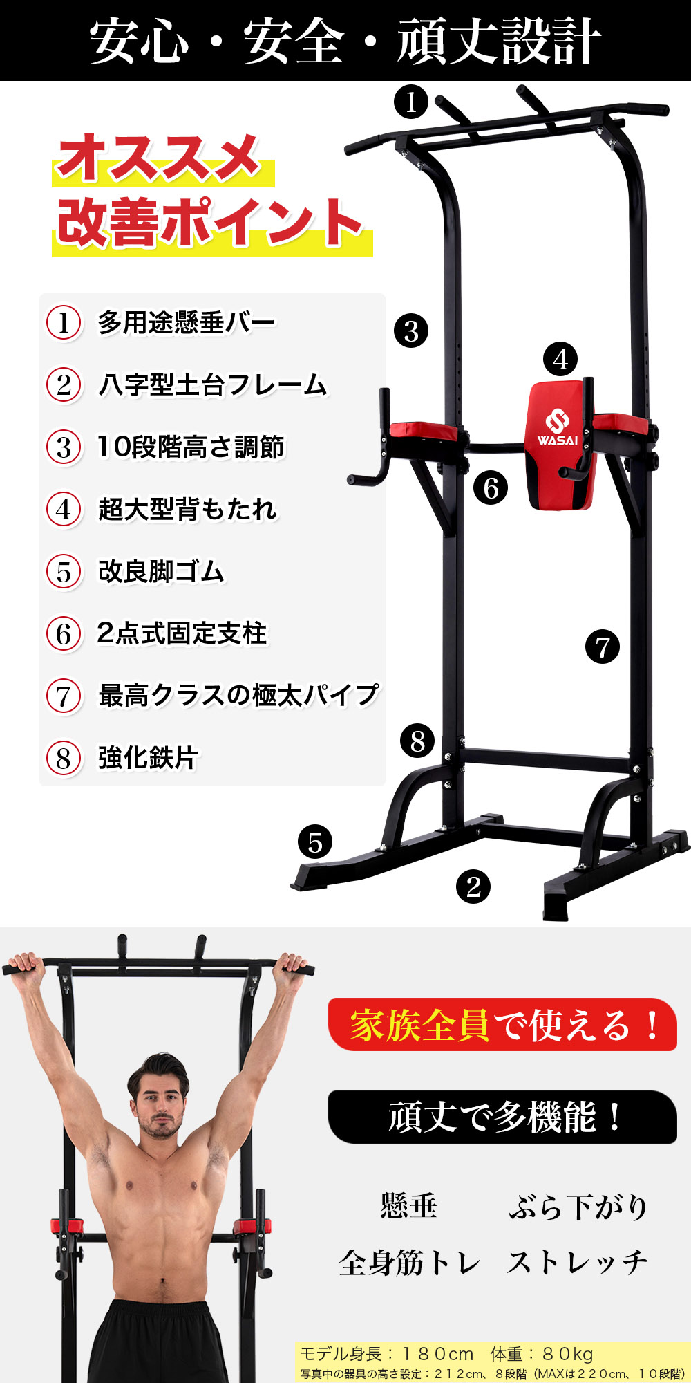 楽天市場】懸垂 懸垂マシン 懸垂器具【220CM調節/耐荷重150kg