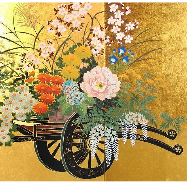 金屏風 花車 富永寿峰作｜肉筆手書き屏風
