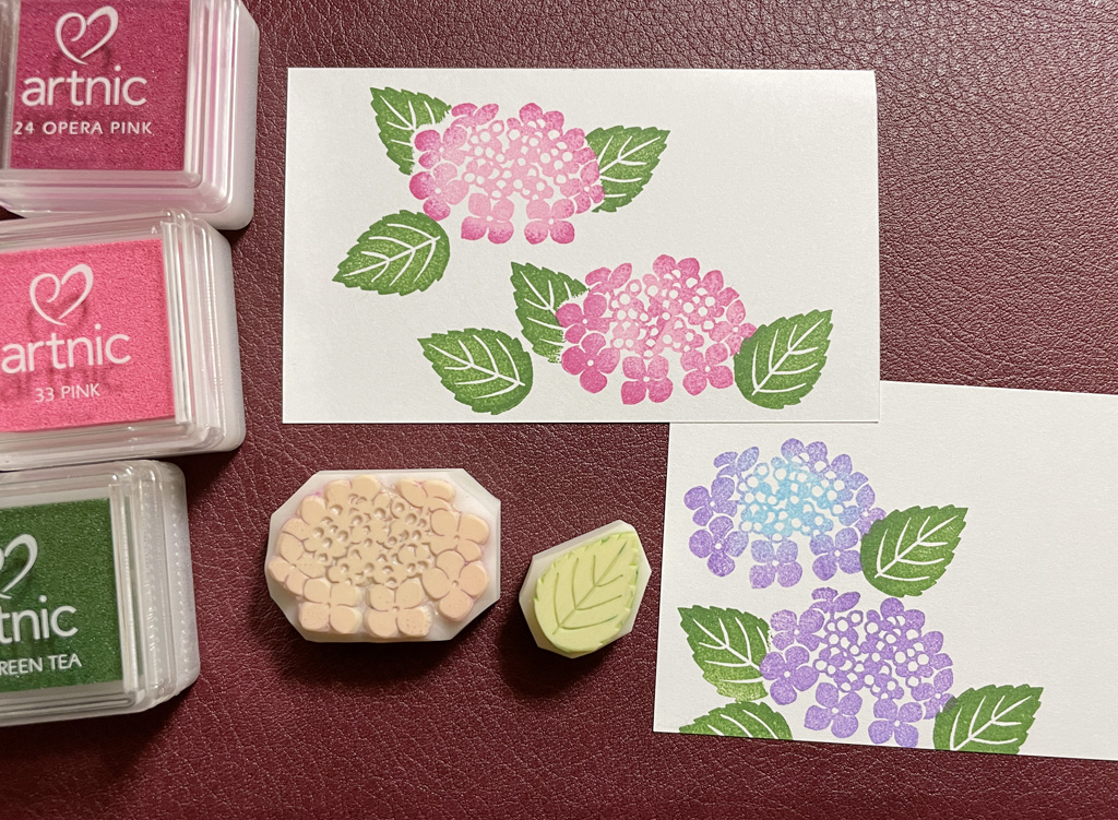 額紫陽花[ガクアジサイ]の消しゴムはんこ