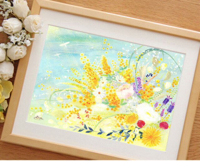 絵画 春 ミモザ 風水 「春告ぐミモザの花束」 黄色い花 絵 玄関