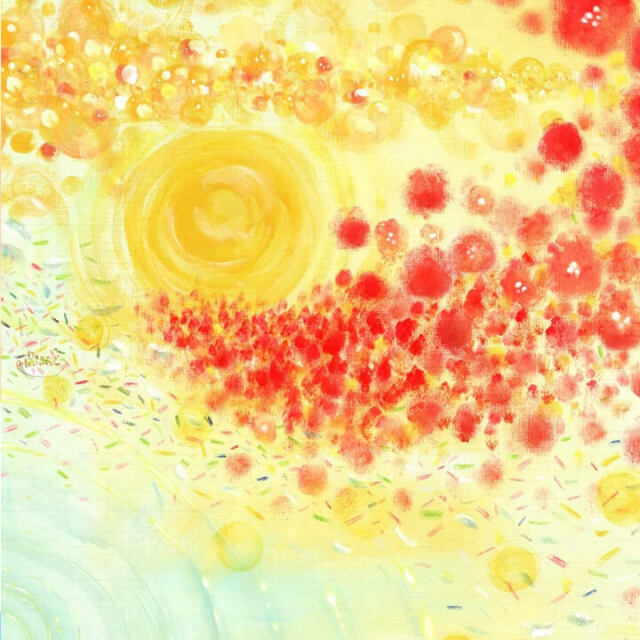黄色と赤色の癒しの抽象画・額入り絵画 「どきっ、わくわく、うきうき
