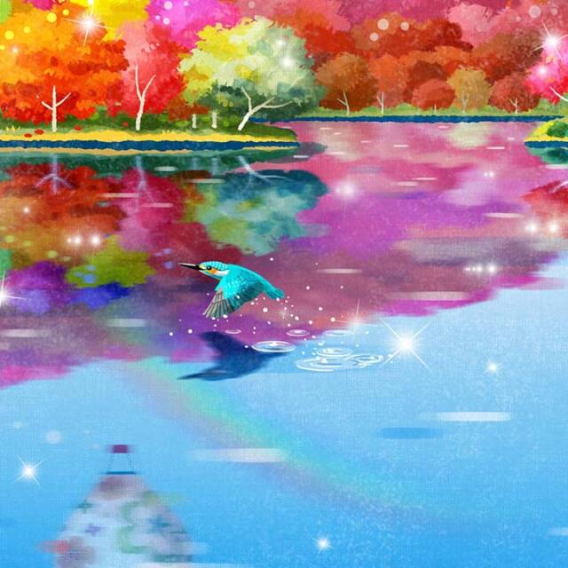 絵画 湖 水辺 風水 インテリア 「虹色紅葉」 紅葉 秋 玄関 リビング