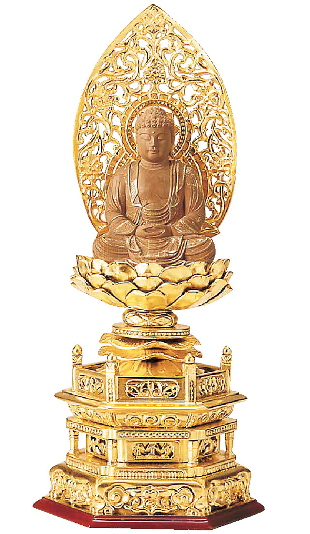 純金箔押 六角台座 仏柘植 座釈迦 唐草光背 仏金泥 2.0寸～3.0寸
