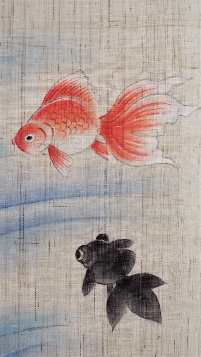 麻タペストリー（手描き） 【清涼金魚】 『くろちく』 手しごと屋 彦兵衛