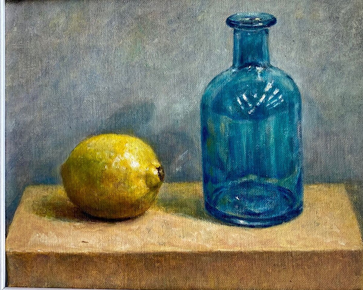 肉筆油絵 静物画 パンジーとレモン 肉筆油絵 静物画 パンジーとレモン