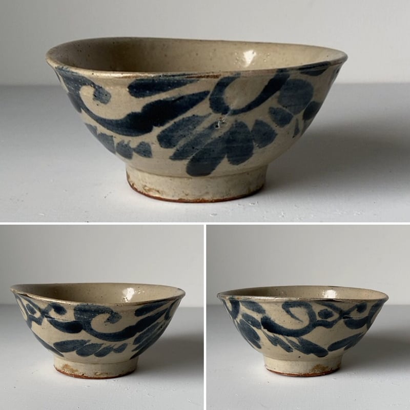 A 古琉球 やちむん 4.5寸マカイ 古作 登窯 花唐草 呉須色 沖縄 焼物