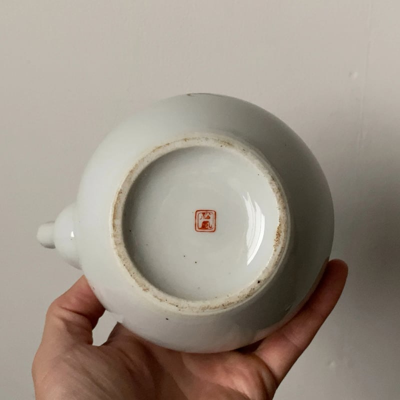松風 古い茶器セット(急須+蓋茶碗5客) 桃柄 桃図 植物画 竹持ち手 湯呑