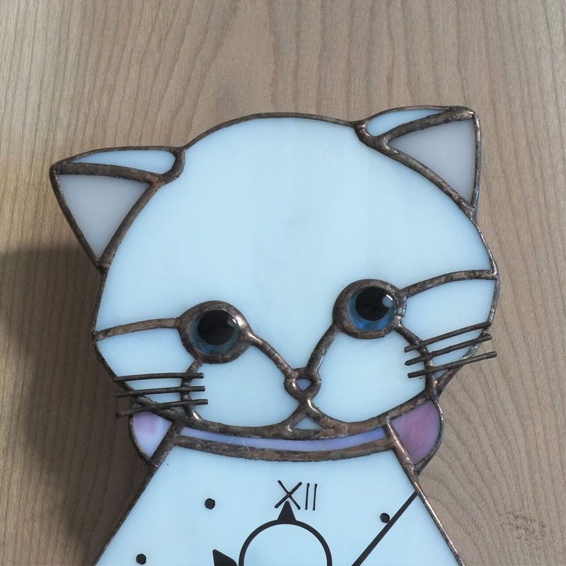 カット済みキット】猫の時計・白猫 | ステンドグラス材料販売 W3
