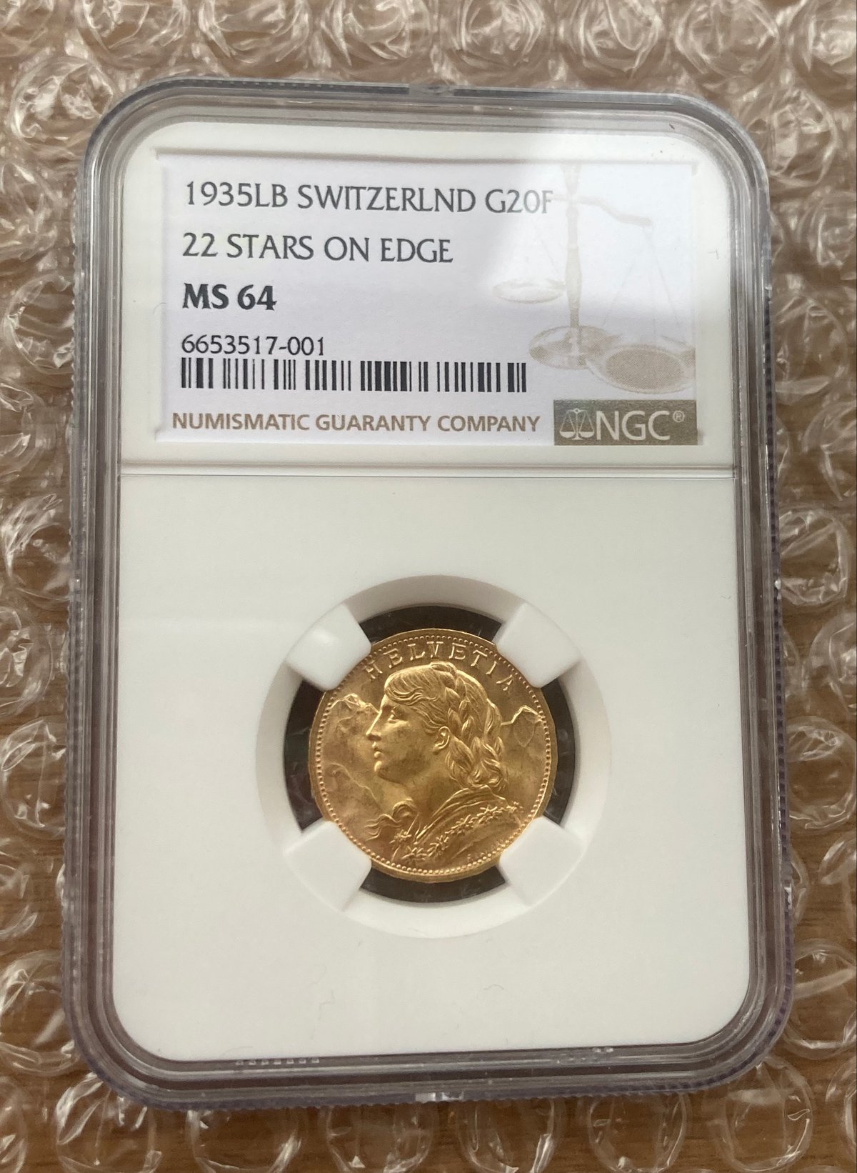 22STARS版 1935年LB スイス 20フラン金貨 ゴールド アルプスの少女