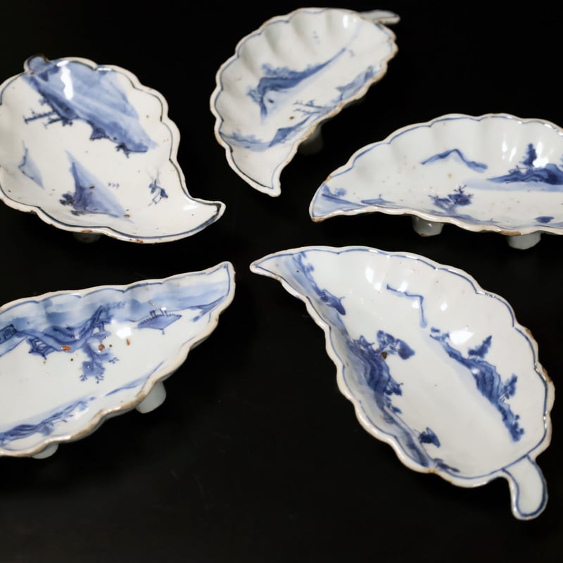 明 古染付山水文葉形向付 五客揃 | LYAN ARTS' Collection onlin