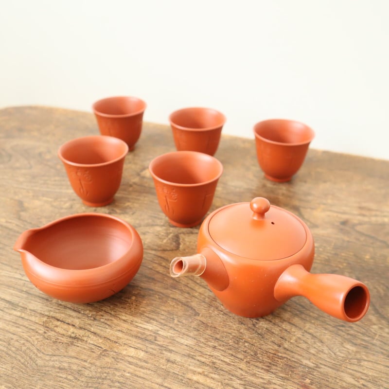 A009【茶器】 煎茶 常滑焼 月荘造 朱泥 7点揃 | 中国美術・茶器 花葉