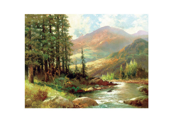 山と川の風景 油彩画 シルバーフレーム 上高地 山と川の風景