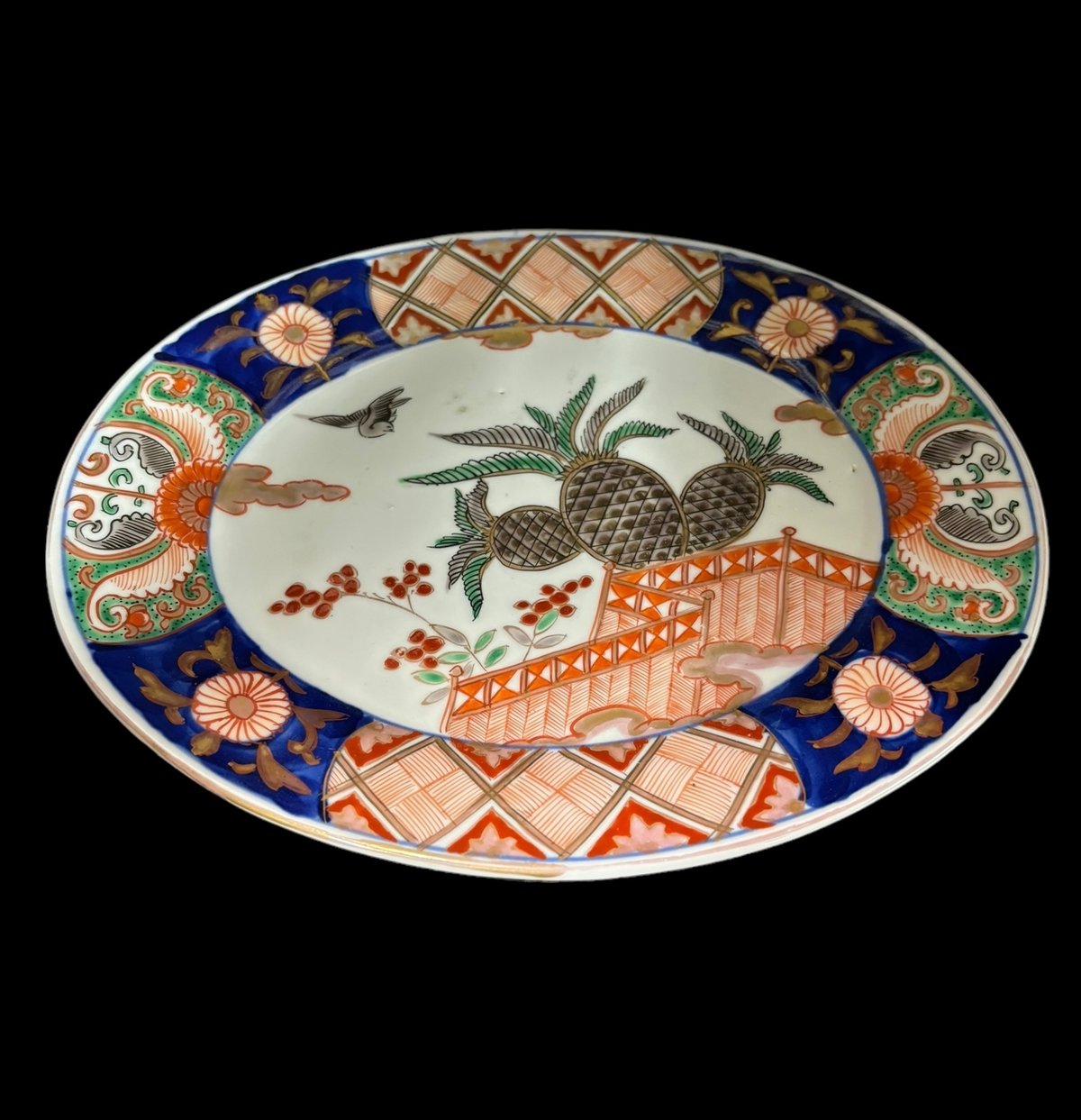 角皿 変形皿 色絵付 金彩 鳥 燕 鷺 波 自然風景 おもと 植物 古伊万里
