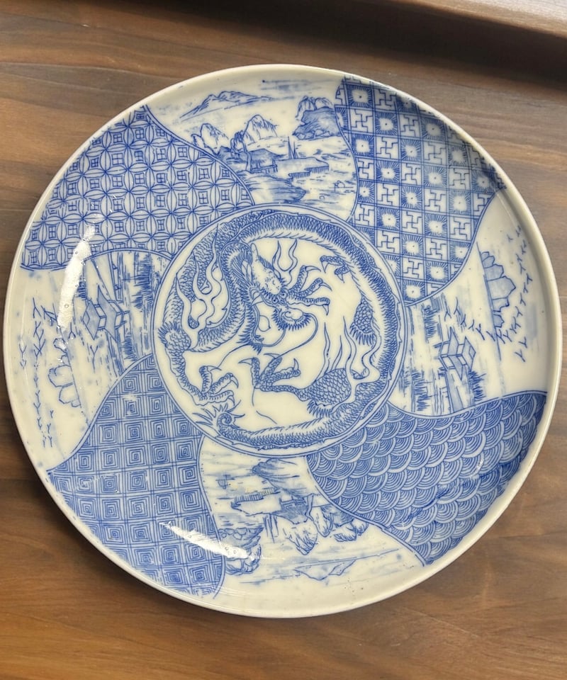 染付 [龍鳥山水 風景絵] 平皿 大皿 印判皿 盛り皿 飾り皿 器 江戸 和