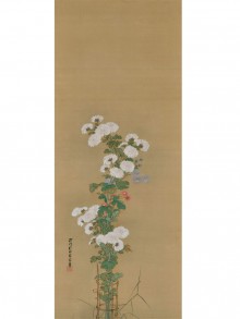 松村景文《月・山桜小禽・山茶花鴛鴦図》三幅のうち、絹本着色、107.2