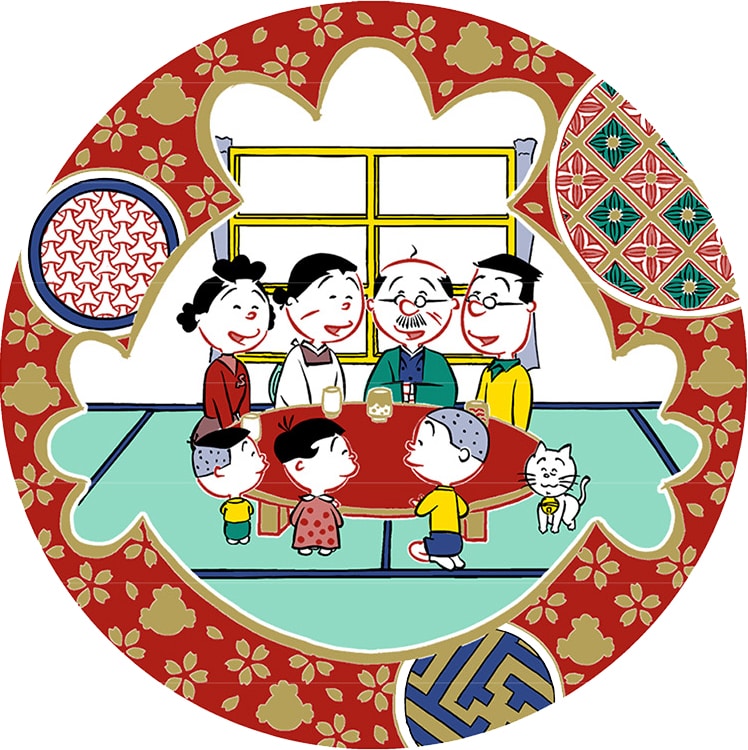 居間にいるサザエさん一家を描いた「九谷焼豆皿」 - サカエ経済新聞