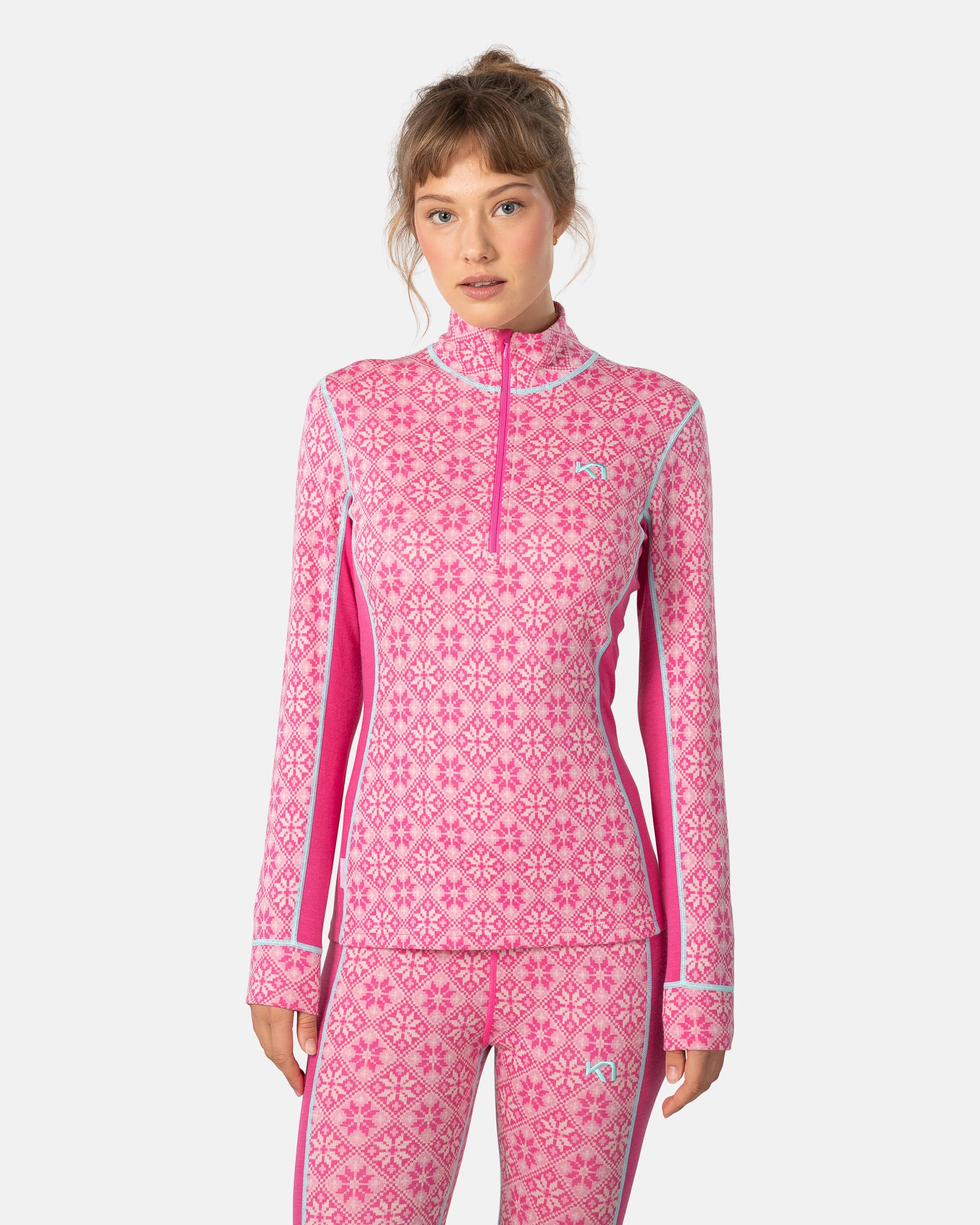 Rose Half Zip Base Layer Top - 100% Merino Wool - SWEET PINK