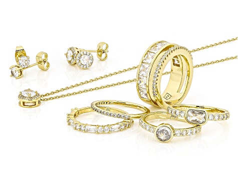 White Cubic Zirconia 18k Yellow Gold Over Brass Ring, Stud, and