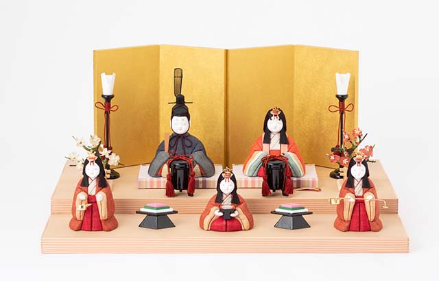 手織り麻の木目込み雛飾り 五人飾り 背景（屏風）・素木台【順次発送