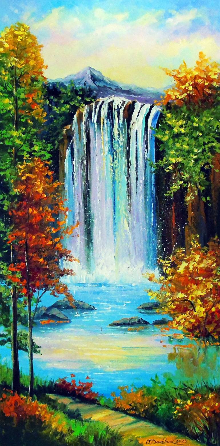 Mountain waterfall by the lake Painting by Olha Darchuk | Saatchi Art