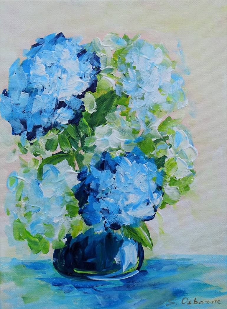 Blue White Hydrangea Flowers Small Painting on Canvas