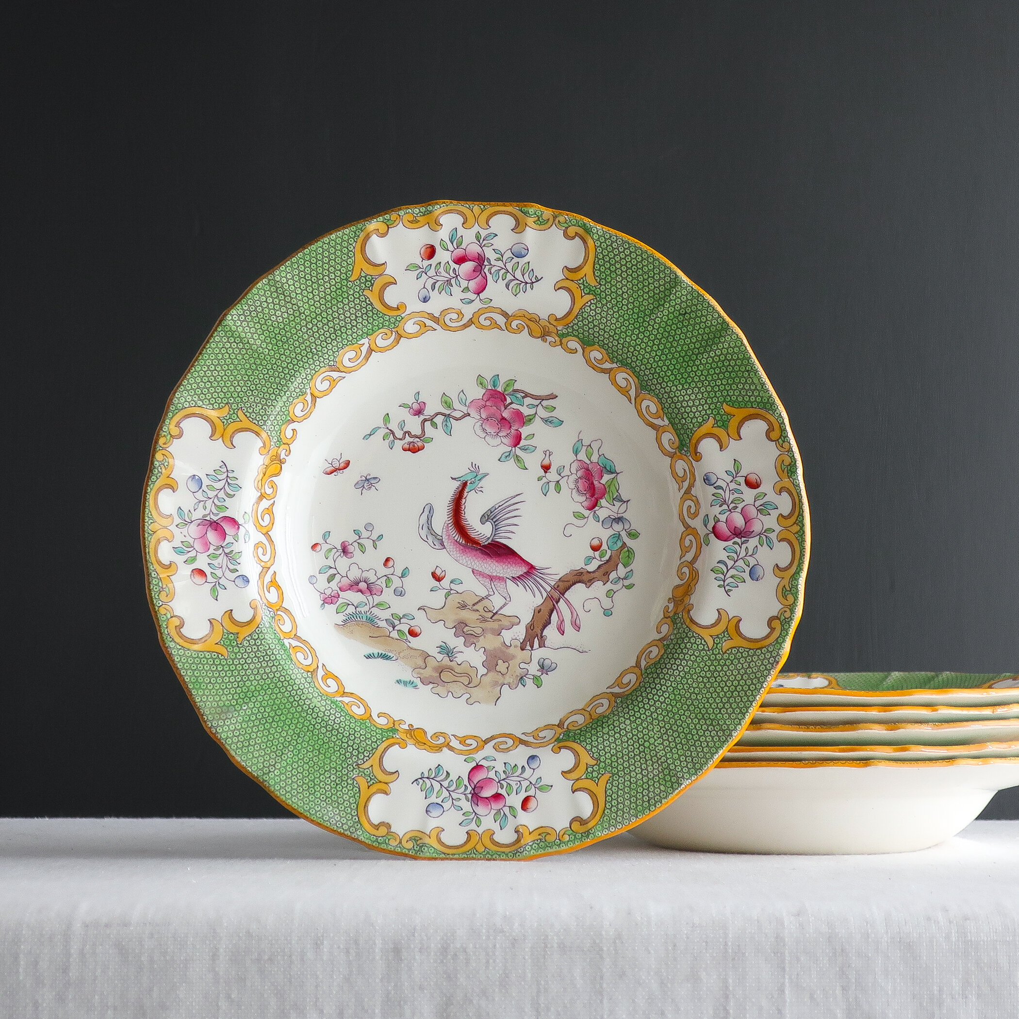 Set of Six Minton Green Cockatrice Soup Plate, circa 1900 — Jeni