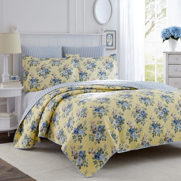 Laura Ashley Linley 3-Piece Yellow Floral Cotton King Quilt Set