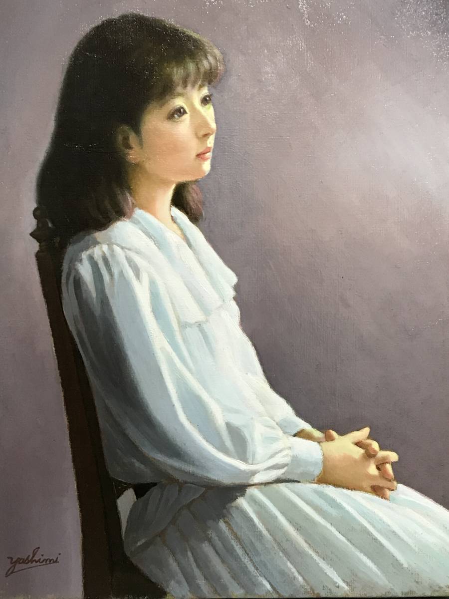 鶴村義美『白いブラウス』油彩画丸額希少